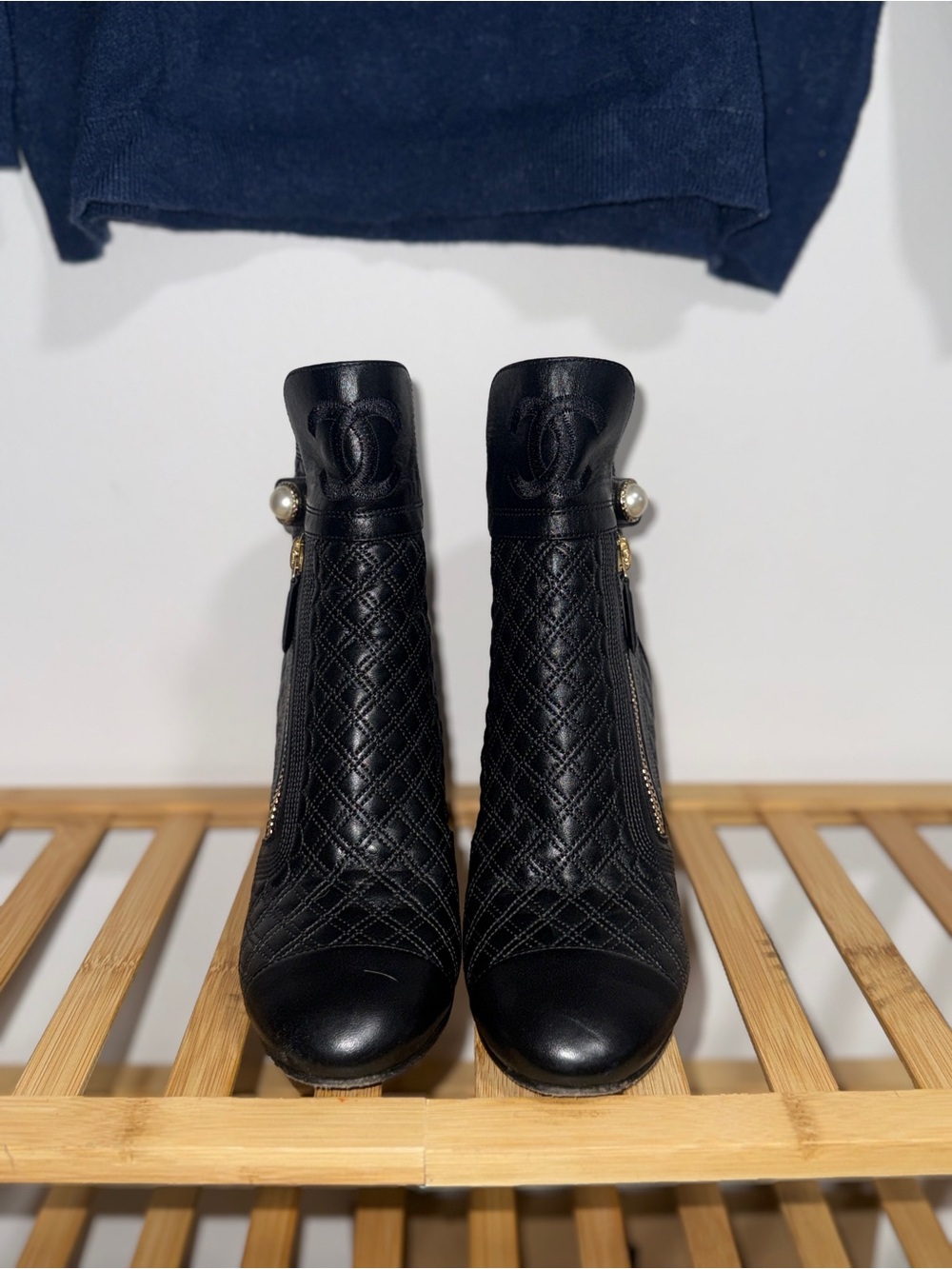 CHANEL G34471 Black Quilted Leather Ankle Booties with Pearl Charm